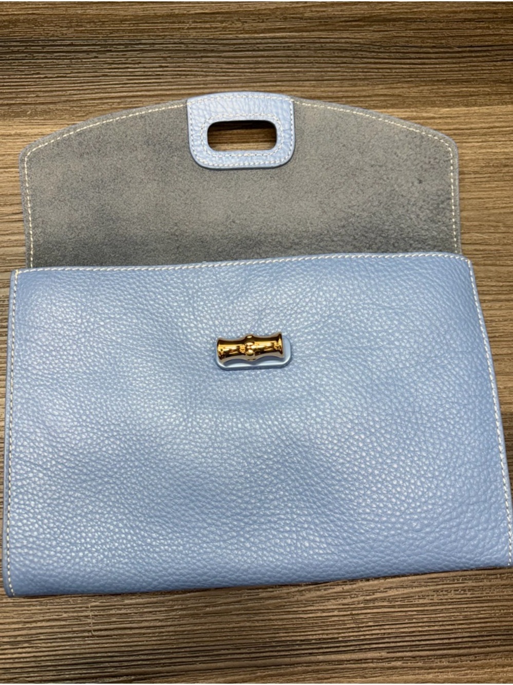 J McLaughlin Blue Leather Clutch Wallet Gold Turn Lock - Picture 5 of 10